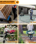Image showing applications of upgrade 13inch wheelbarrow tires 4.00-6 flat free, for hand trucks, car washers, garden scooters, wheelbarrows.