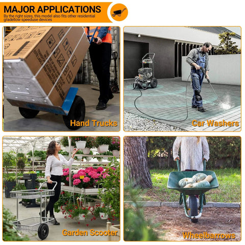 Image showing applications of upgrade 13inch wheelbarrow tires 4.00-6 flat free, for hand trucks, car washers, garden scooters, wheelbarrows.