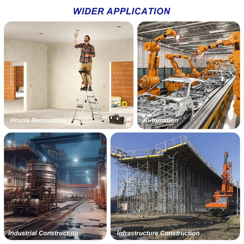 Collage showing house renovation, automation, industrial and infrastructure construction applications