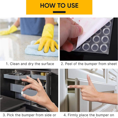 How to use Clear Cabinet Bumper Pads Set With Self Adhesive Silicone Cushions for easy installation in doors and drawers.