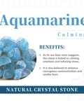Aquamarine stones with benefits listed, including calming emotions, reducing stress, and enhancing communication.