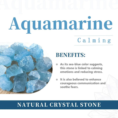 Aquamarine stones with benefits listed, including calming emotions, reducing stress, and enhancing communication.