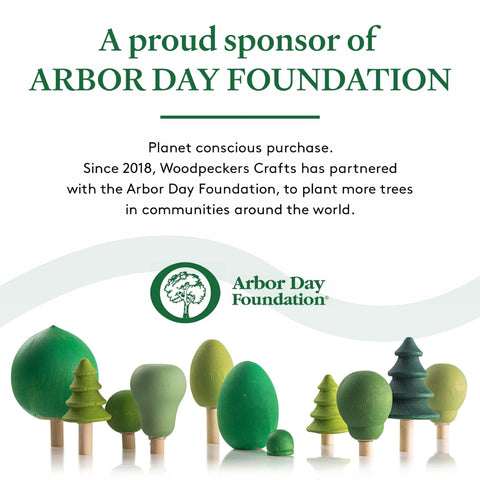 Arbor Day Foundation sponsorship announcement by Woodpeckers Crafts, featuring stylized wooden trees and environmental message.