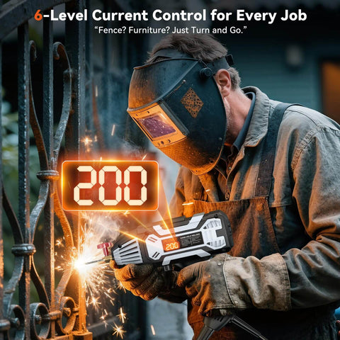 Man using Ultra Portable 110V 200A IGBT Inverter ARC Welder With Digital Display And 6 Level Current Control for welding a fence