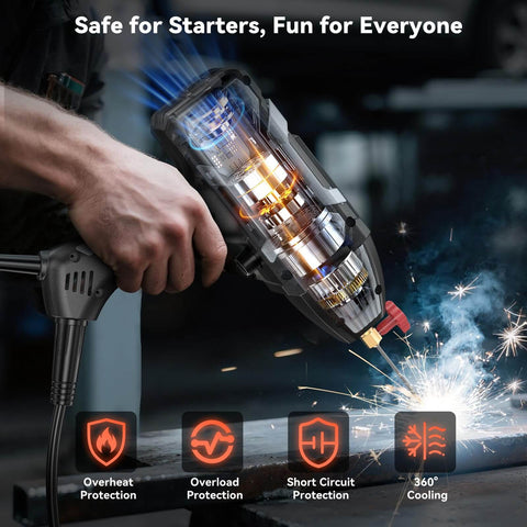 Ultra Portable 110V 200A IGBT Inverter ARC Welder with digital display in action, featuring multiple safety protections, sparks visible