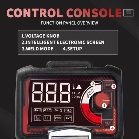 Close-up of control console on 110V 135A MMA Arc Welder With Digital Display And Overheat Protection Hot Start Quick Connector