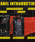 Front and back view of 200 Amp Arc Welder Kit For Home And DIY Portable 110V Stick Welder with panel labels.