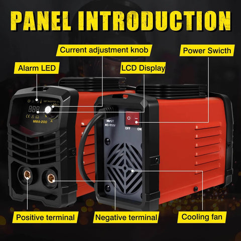 Front and back view of 200 Amp Arc Welder Kit For Home And DIY Portable 110V Stick Welder with panel labels.
