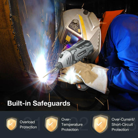 Welder using Ultra Lightweight Portable ARC Welder With IGBT Inverter 110V Handheld Welding Machine, showing built-in safeguards