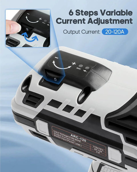 Close-up of Portable Handheld Arc Welder With IGBT Inverter 110V 20-120 Amp Adjustable Output showing current settings dial