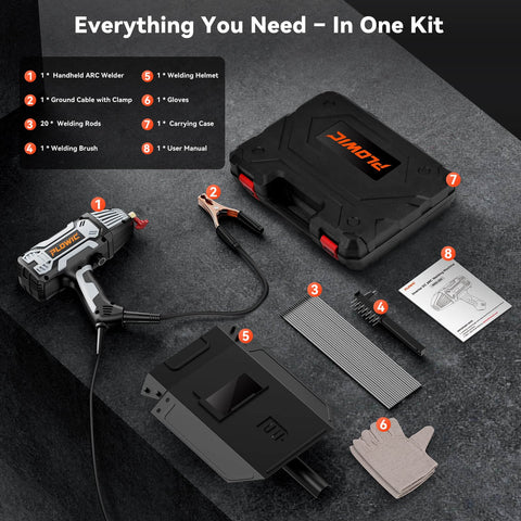 Ultra Portable 110V 200A IGBT Inverter ARC Welder With Digital Display And 6 Level Current Control kit with case, helmet, and accessories
