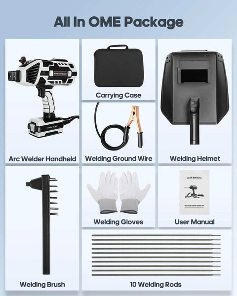 Portable Handheld Arc Welder With IGBT Inverter 110V 20-120 Amp Adjustable Output 6 Variable Current Settings Easy Arc Start Non Stick Tip package includes welder, carrying case, helmet, gloves, and accessories