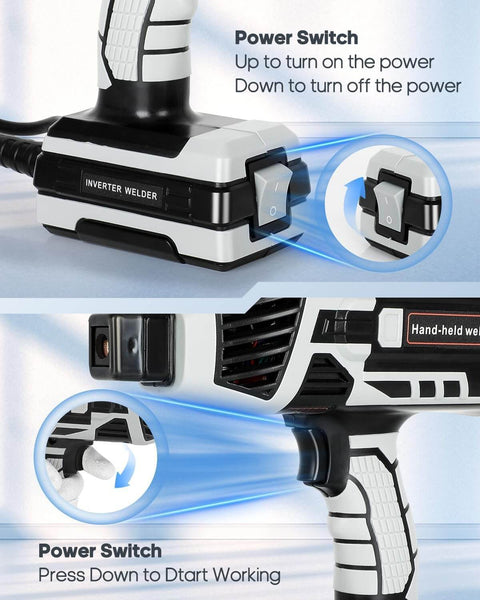 Close-up of power switch on Portable Handheld Arc Welder with IGBT Inverter 110V 20-120 Amp Adjustable Output 6 Variable Current Settings