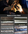 Welder using Ultra Mini 140A 110V Arc And Lift TIG Welder, stable and clean welding results shown, multiple weld samples