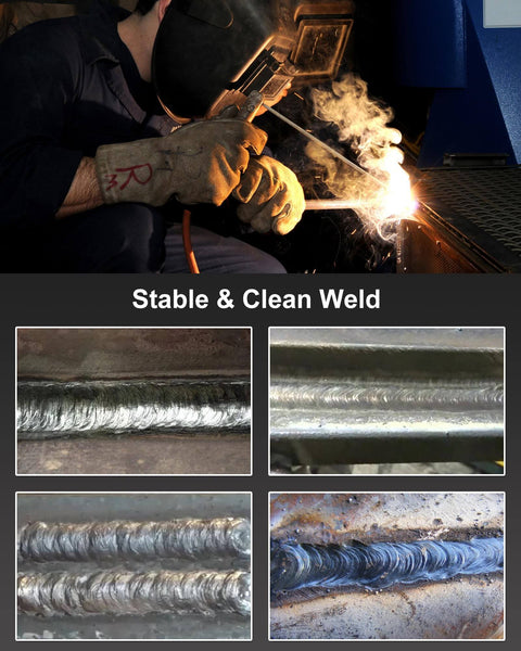 Welder using Ultra Mini 140A 110V Arc And Lift TIG Welder, stable and clean welding results shown, multiple weld samples