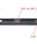 PU350 350mm universal long quick release plate showing safety stop screw, 1/4 to 3/8 adapter screw, and D-ring screw details.