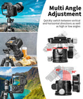 Arca Swiss Quick Release Ball Head with One Quarter Inch Screw showing 360 Degree Swivel and 90 Degree Tilt functionality on a camera setup.