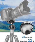 Camera on Arca Swiss Quick Release Ball Head with 360 Degree Swivel and 90 Degree Tilt, showing 29mm ball diameter, tripod mount