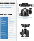 Arca Swiss Quick Release Ball Head with 1/4 inch screw, 360° swivel, 90° tilt, supports up to 22 lb, aluminum, wide tripod compatibility.