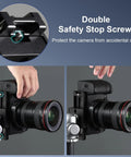 127mm Arca Swiss Quick Release Plate for Tripod Ball Heads with safety stop screws installed on camera in close-up view