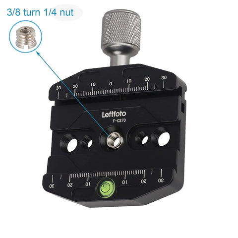 70mm Quick Release Clamp for Arca Swiss Style Plates with knob lock, 3/8" to 1/4" adapter, CNC anodized aluminum, bubble level