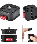 Arca Swiss Quick Release Plate With Fast Claw Clamp for Camera Tripod Mount showing different angles and features, compatible with cameras.