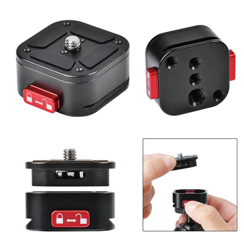 Arca Swiss Quick Release Plate With Fast Claw Clamp for Camera Tripod Mount showing different angles and features, compatible with cameras.