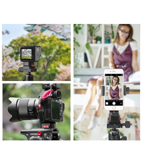 Cameras and smartphone mounted on Arca Swiss Quick Release Plate With Fast Claw Clamp for Camera Tripod Mount Easy Switch Between Canon Sony Nikon Pentax DSLR SLR And Action Gimbals Aluminum QR Plate Compatible With Zhiyun Feiyu DJI Moza Stabilizers Tripod Slider And Gimbal