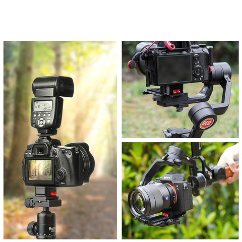 Arca Swiss Quick Release Plate with Fast Claw Clamp for camera tripod mount, shown with DSLR and gimbal stabilizer.