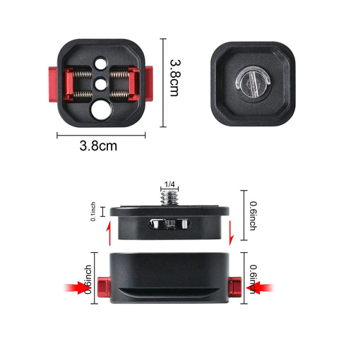 Dimensions of Arca Swiss Quick Release Plate With Fast Claw Clamp For Camera Tripod Mount, showing 3.8cm size and 1/4 inch thread