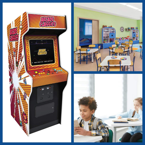 Arcade cabinet with retro design, classroom with tables and chairs, and children studying