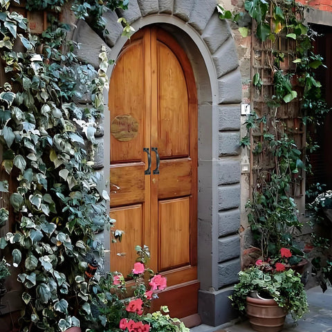 Wooden arched door with 4 Pack 4 Inch Metal Door Handles Rustic Bow Pulls With Vintage Arched Design In Matte Black Iron Construction.