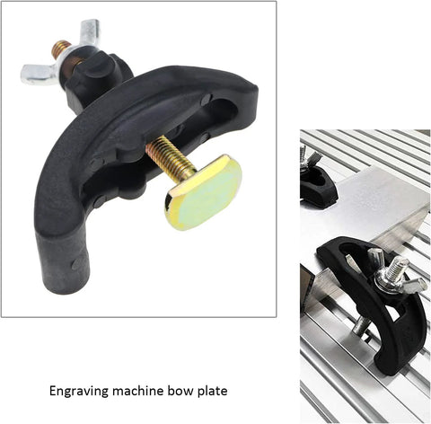 4-Piece Arcuate Press Plate Clamps for CNC Router and Drill Press, showing front view with T-track hold-down fixture.