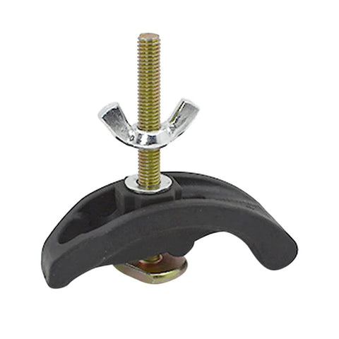 Single black arcuate press plate clamp with wing nut for T-track hold down in 4 Piece Arcuate Press Plate Clamps For T Track Hold Down Fixtures