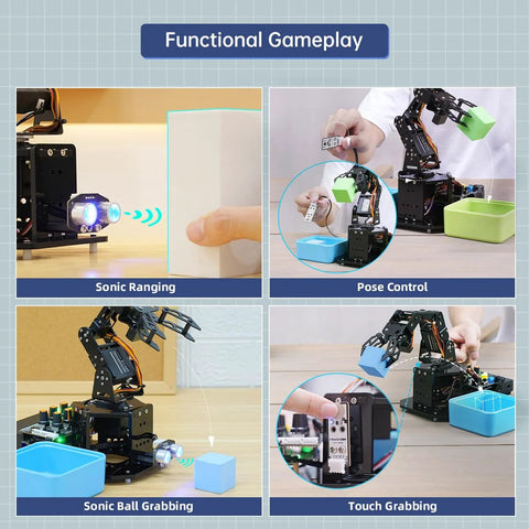 5DOF Arduino Robotic Arm Kit For AI Enabled Education with multiple functional gameplay features shown