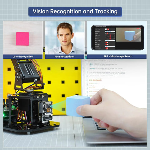 5DOF Arduino Robotic Arm Kit For AI Enabled Education, demonstrating vision recognition, color and face tracking with robotic arm interaction.
