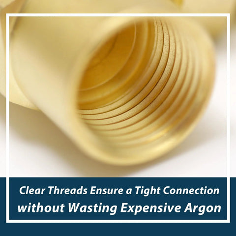 Close-up of brass threads on Argon Gas Adaptor For Welder Lines With 90 Degree Elbow Heavy Duty Build For TIG And MIG Machines Compatible With Everlast Welders And Argon Feed Connection CGA 032 Nut Nip And 032 Body Right Angle Connector