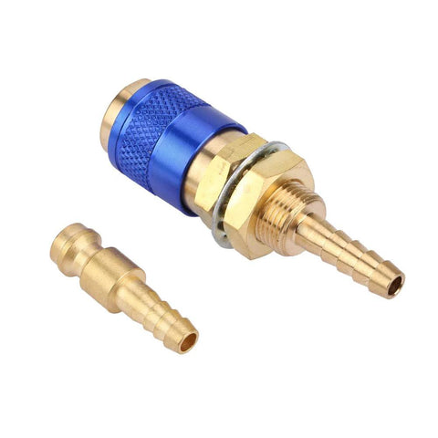 Argon Hose Fittings For MIG TIG Welder Torch With Fast Connect M6 Gas Adapter, blue and brass design, secure welding connection.