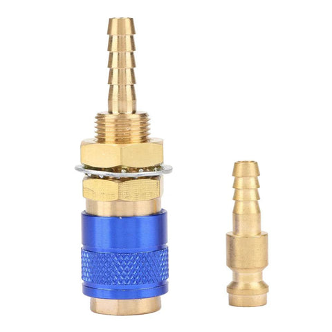 Argon Hose Fittings For MIG TIG Welder Torch With Fast Connect M6 Gas Adapter, blue and brass color, for secure welding connections.