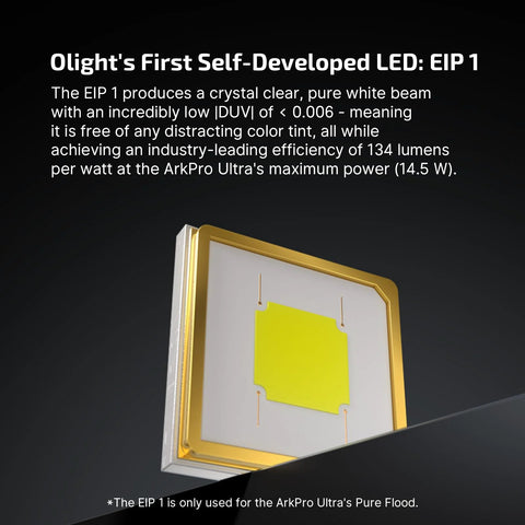 Close-up of Olight's EIP 1 LED used in the ArkPro Ultra EDC Flat Flashlight for pure flood lighting.