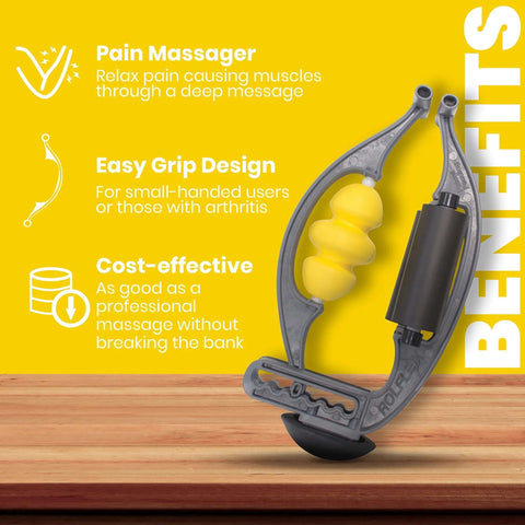 Arm And Leg Massager Roller for Targeted Myofascial Release and Faster Recovery shown with benefits text on yellow background.
