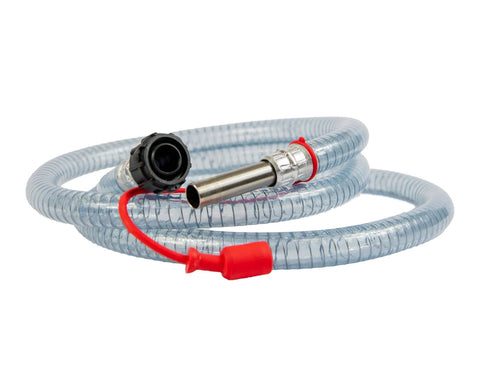 Clear coiled hose with a nozzle, part of ArmorBlue Piusi Rotary Drum Pump for Diesel Exhaust Fluid (DEF), used for fluid transfer.