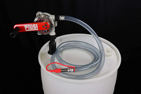 ArmorBlue Piusi Rotary Drum Pump for Diesel Exhaust Fluid (DEF) | 10 Gallons per 100 rotations | No Power Required | Integrated Check Valve | DEF Pump | F00332A3A on white drum with transparent hose