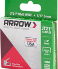 Packaging of JT21 Fine Wire Staples, 1/4-inch leg, 7/16-inch crown, 1000-pack, for light-duty upholstery and crafts stapling.
