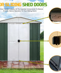 Door Tune Up Kit For Arrow DK100 A Sliding Shed Doors Replacement Parts In Black Includes 2 Handles 4 Lower Guides 4 Door Slides And Screws And Nuts For Quiet Smooth Operation And Easy Maintenance. Image showing installation on a garden shed door with close-ups of components.