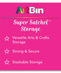 ArtBin Super Satchel Storage with features listed: Versatile Arts & Crafts Storage, Strong & Secure, Stackable Storage on pink background