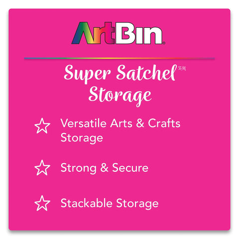 ArtBin Super Satchel Storage with features listed: Versatile Arts & Crafts Storage, Strong & Secure, Stackable Storage on pink background