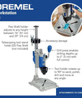 Articulating Drill Press Stand For Rotary Tools With 90 Degree Horizontal Position And 15 Degree Increment Angled Drilling 2 Inch Depth Includes Tool Holder And Wrench Model 220-01 featuring adjustable height.