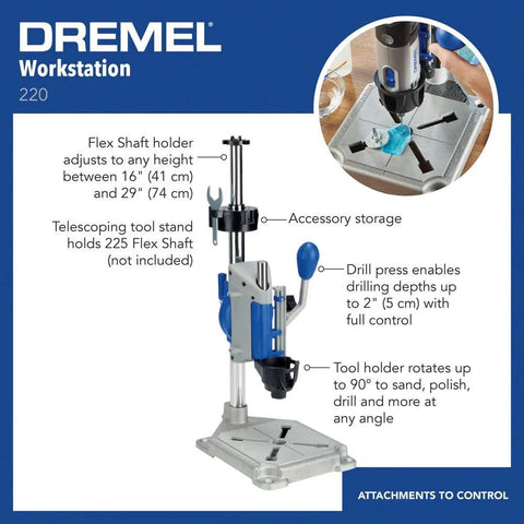 Articulating Drill Press Stand For Rotary Tools With 90 Degree Horizontal Position And 15 Degree Increment Angled Drilling 2 Inch Depth Includes Tool Holder And Wrench Model 220-01 featuring adjustable height.