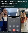 Image showing a mechanic and a woman on phone calls with FIXD Mechanic Hotline displayed on a smartphone screen.